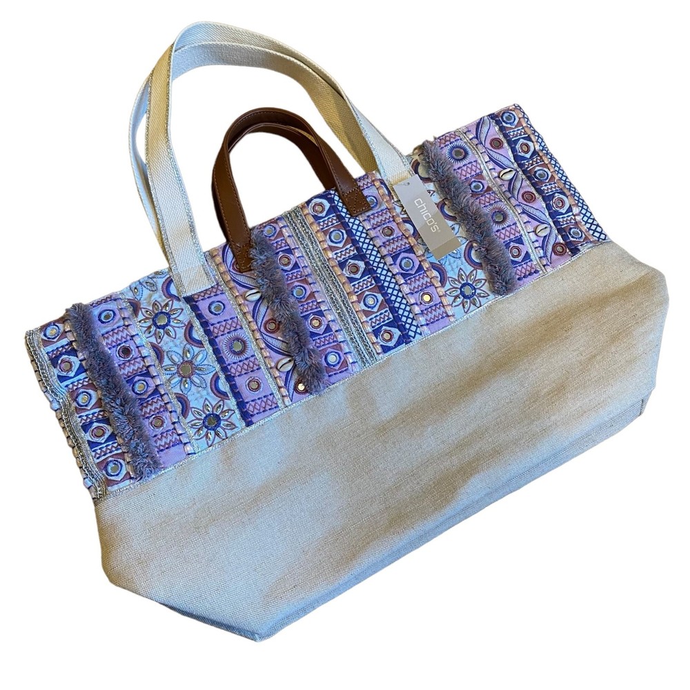 Chicos Cool Mosaic Print Large Jute Tote NWT